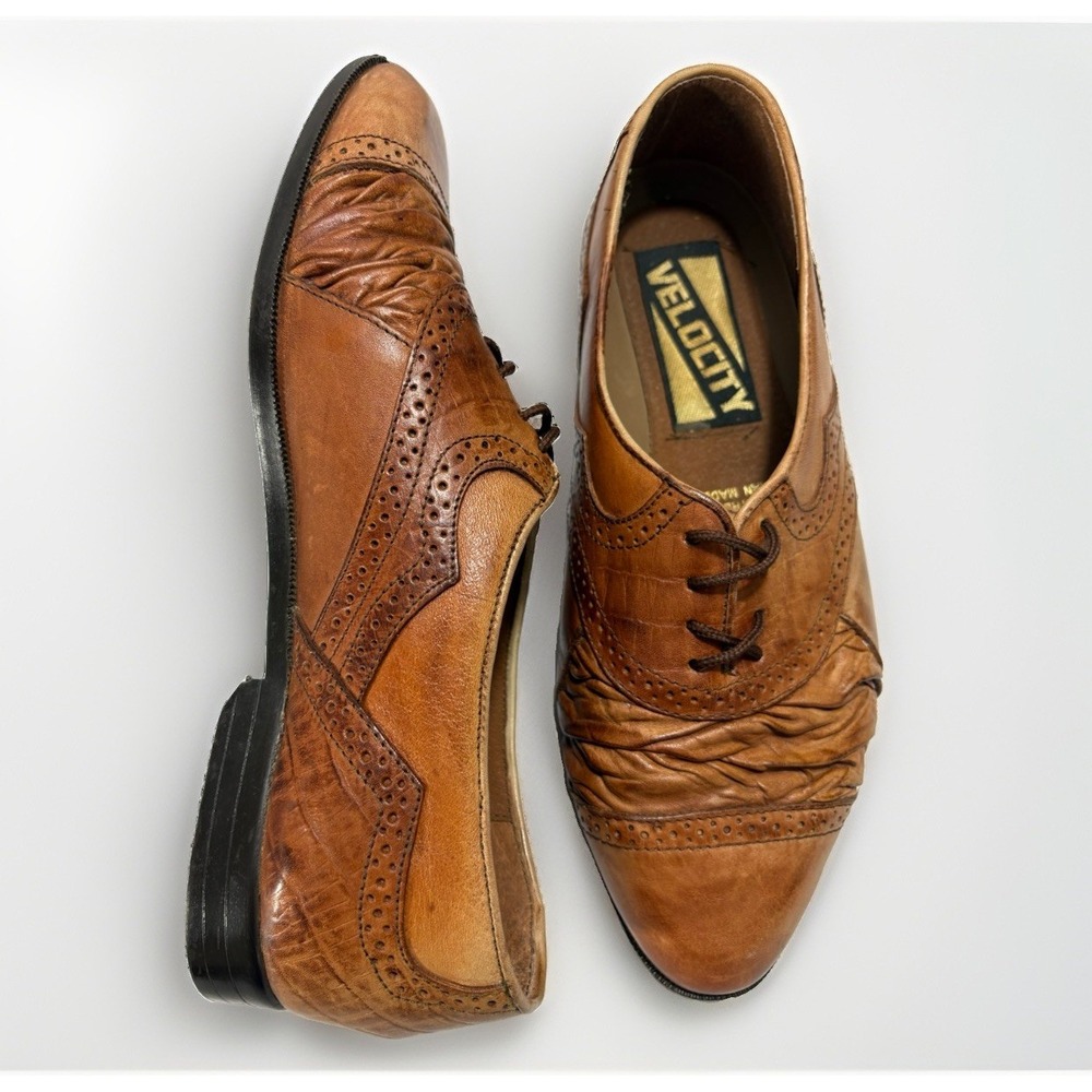Vintage Velocity Tan Leather Wingtip Brogue Ruched Oxfords Made in Brazil Size 8
